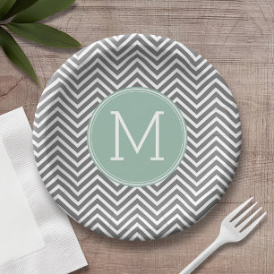 Cohle und Minze Grüne Chevronen Custom Monogram Pappteller
