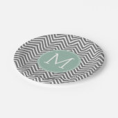 Cohle und Minze Grüne Chevronen Custom Monogram Pappteller (Schrägansicht)