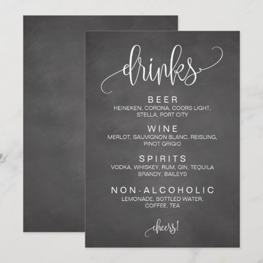 Cohol Cocktail Drinks Bar Editable Wedding Sign (Vorne/Hinten)