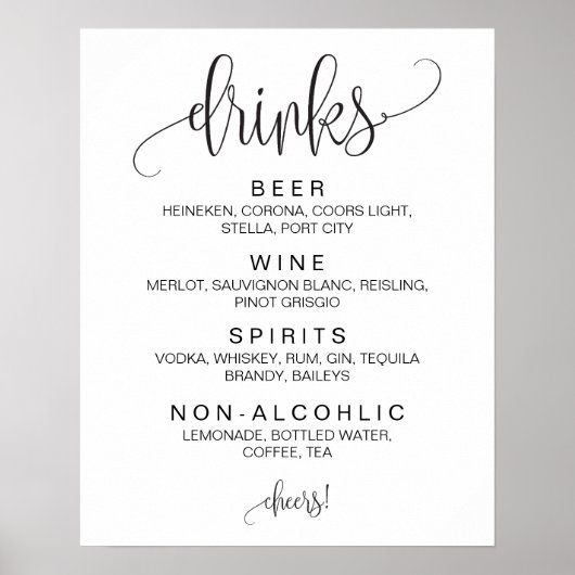 Cohol Cocktail Drinks Bar Editable Wedding Sign Poster (Vorne)