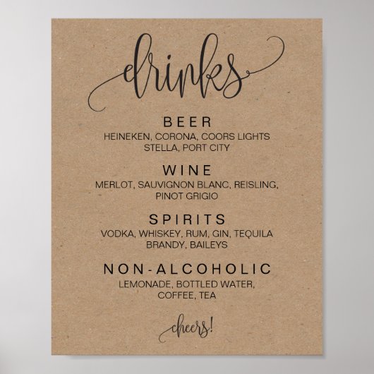 Cohol Cocktail Drinks Bar Editable Wedding Sign Poster (Vorne)