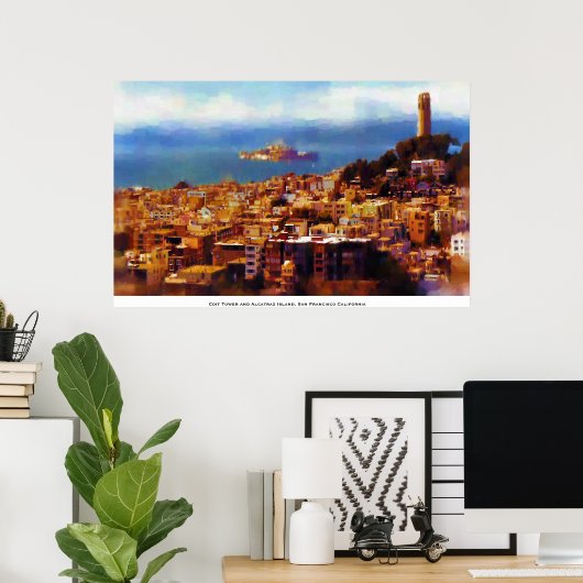 Coit Tower mit Blick auf die Insel Alcatraz Poster (Heimbüro)