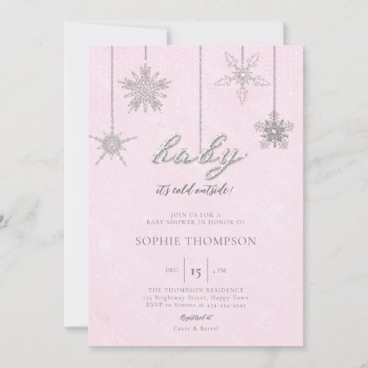 Cold Outdoor Glitzer Schneeflocken Pink Babydusche Einladung (Vorderseite)