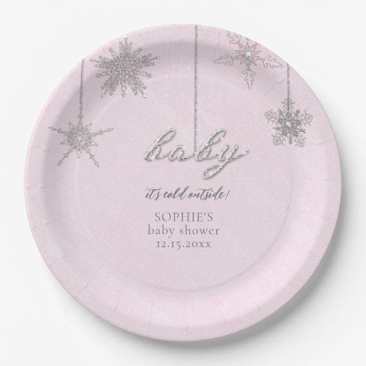 Cold Outdoor Glitzer Schneeflocken Pink Babydusche Pappteller (Vorderseite)