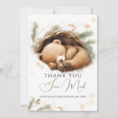 Cold Outdoor Woodland Bear Winter Baby Dusche Dankeskarte (Vorderseite)