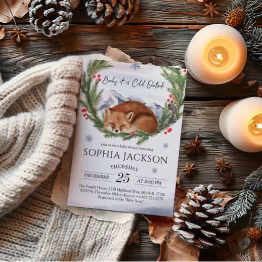 Cold Outdoor Woodland Fox Winter Baby Dusche Einladung