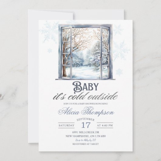 Cold Outside Dusty Blue Window Boy Baby Shower Einladung (Vorderseite)