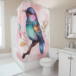 Colibrí colorido en rama con fondo rosado duschvorhang