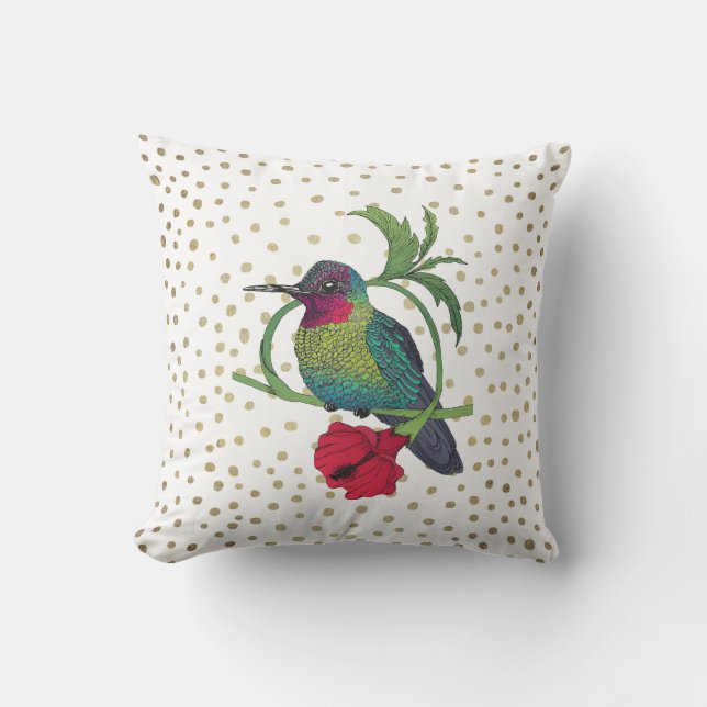 Colibri Illustration Gold Bronze Dots Pillow Kissen (Vorderseite)
