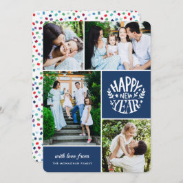 Collage 4 Foto New Year Card | Blau Feiertagskarte