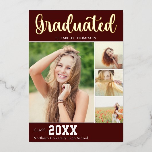 Collage 4 Photos Modern Script Graduation Folieneinladung (Vorderseite)