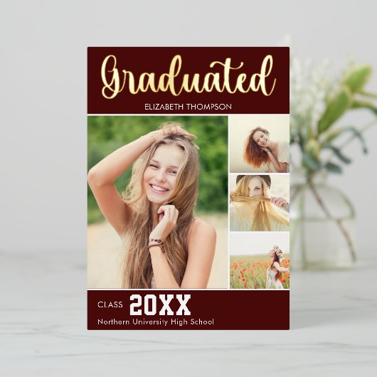 Collage 4 Photos Modern Script Graduation Folieneinladung (Stehend vorne)