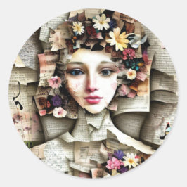 Collage Art | Hübsches Mädchen aus Buchseiten Runder Aufkleber