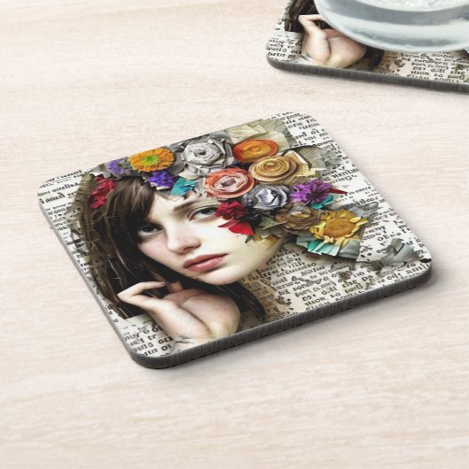 Collage Art | Hübsches Mädchen mit Blume in ihrer Getränkeuntersetzer (Linke Seite)