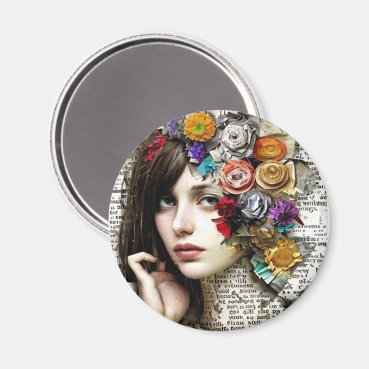 Collage Art | Hübsches Mädchen mit Blume in ihrer Magnet (Vorderseite/Rückseite)