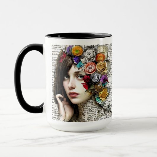 Collage Art | Hübsches Mädchen mit Blume in ihrer  Tasse (Links)