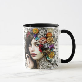Collage Art | Hübsches Mädchen mit Blume in ihrer  Tasse