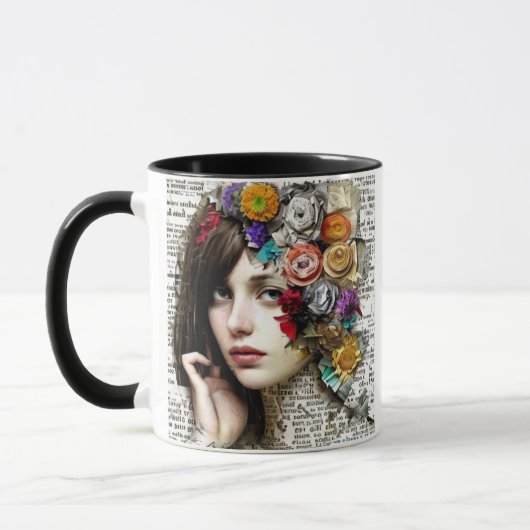 Collage Art | Hübsches Mädchen mit Blume in ihrer Tasse (Links)