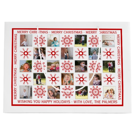 Collage aus Foto, Schneeflocken und Weihnachtswüns Große Geschenktüte (Vorderseite)