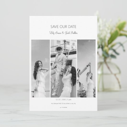 Collage aus Save the Date Foto Schwarz-weiß Hochze Einladung (Stehend Vorderseite)