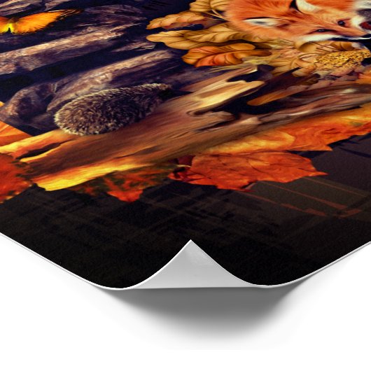 Collage aus Wildtieren mit Fuchs, Igel und Bernste Poster (Ecke)