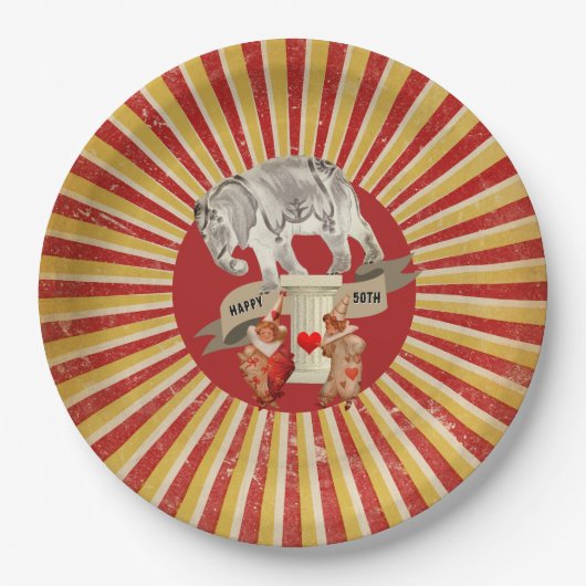 Collage Circus Elephant Vintag Stripe Poster Pappteller (Vorderseite)