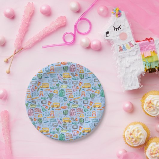 Collage des Schulbedarfs auf Blau Pappteller (Party)