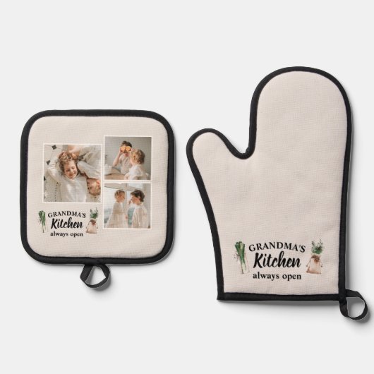 Collage Foto & Großküche ist immer geöffnet Ofenhandschuh & Topflappen-Set (Vorderseite)