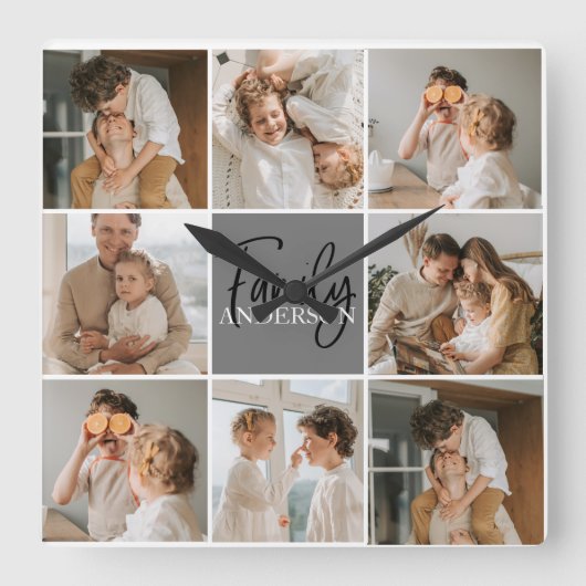 Collage Foto und Personalisierte Graugeschenke Quadratische Wanduhr (Vorderseite)