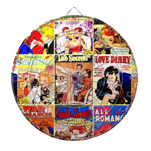 Collage mit Covern alter Romantik-Comic-Hefte Dartscheibe (vorne)