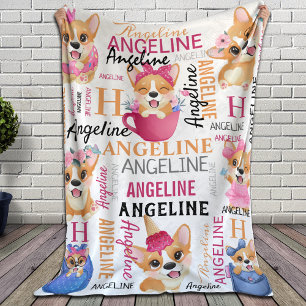Collage-Name mit Corgi-Hunden und Mustername Fleecedecke