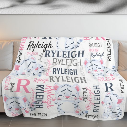 Collage Name White Tigers with Name Pattern Fleecedecke