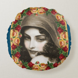 Collage Vintag Retro mit Spitzen und Blume Rundes Kissen