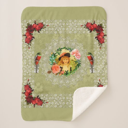 Collage Vintag Retro mit Spitzen und Blume Sherpadecke (Vorderseite)