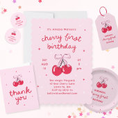 Cherry First Birthday Pink Coquette Bow Einladung