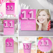 Modern 11th Birthday Girl with Pink Number Balloon Einladung
