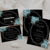 Aqua Blue Silver Floral Black Wedding Einladung
