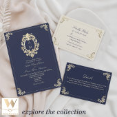 QR Code Baroque Navy Blue Wedding Einladung