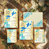Blue Heart Baroque Gold Lace Mexican Wedding RSVP Karte