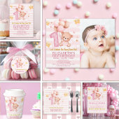 Beary Sweet First Birthday | Pink Boho Bear Girl Einladung