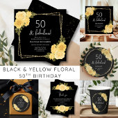 Black Yellow & Gold Floral 50. Geburtstag Einladung