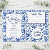 Blue & White w Calligraphy Floral Toile Wedding Einladung (Personalisiere diese Kollektion eines unabhängigen Creators.)
