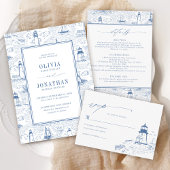 Coastal Toile Lighthouse Blue Wedding Gästebuch