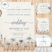 Blaue Blumen & Weizenfeld Moderne Hochzeit Einladung
