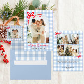 Blaue Aquarell-Gingham-Bogen-Foto Feiertagskarte