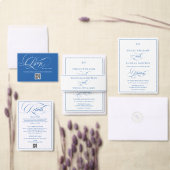 Blaue gestreifte elegante Skript-Hochzeitsmenü Einladung (Personalisiere diese Kollektion eines unabhängigen Creators.)
