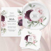 Pink and Burgundy Floral 80th Birthday Serviette