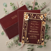 Burgund Golden Blume Hochzeitmenü Menükarte (Personalisieren Sie die Kollektion dieses unabhängigen Creators. Test)