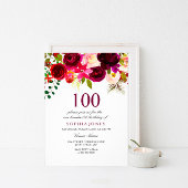 Burgundy Red Floral Boho 100th Birthday Gästebuch