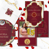 Elegant Burgundy Red & Gold Rose Quinceañera  Serviette